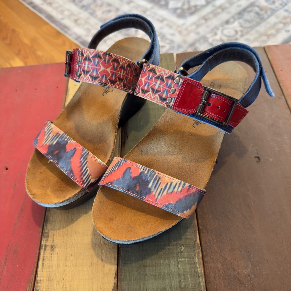 Naot Womens Leather Platform Wedge Sandals Multi Color Israel Geometric Size 37